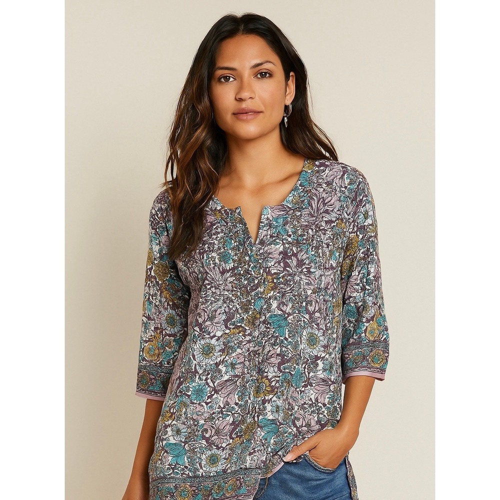 Soft Surroundings Embroidered Floral Tunic Top‎ Petite S Purple Teal Cottagecore